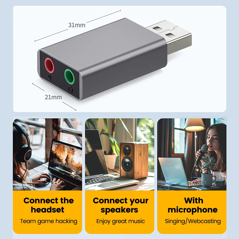 USB to 3.5mm External Sound Card Adapter — Stereo USB Audio to Headphone & Microphone Jack for PC, Laptop, PS4
