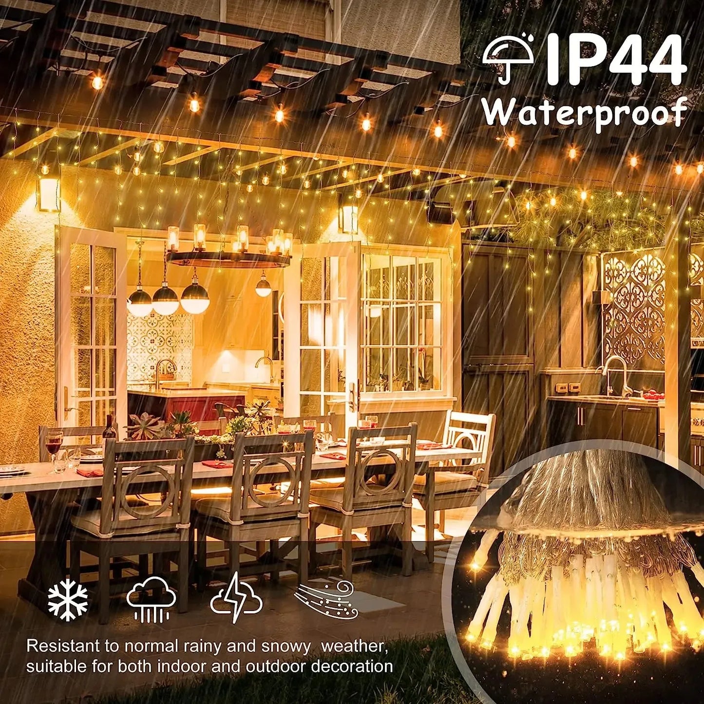 Icicle Curtain LED Fairy Lights Warm White with White Strobe Clear Wire Outdoor Christmas & Holiday Decor