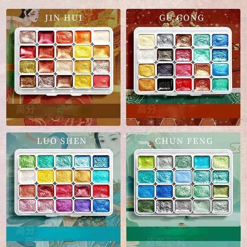 20-Color Metallic Watercolor Set - Portable Metal Tin with Shimmer Pearl Solid Paints and Art Supplies