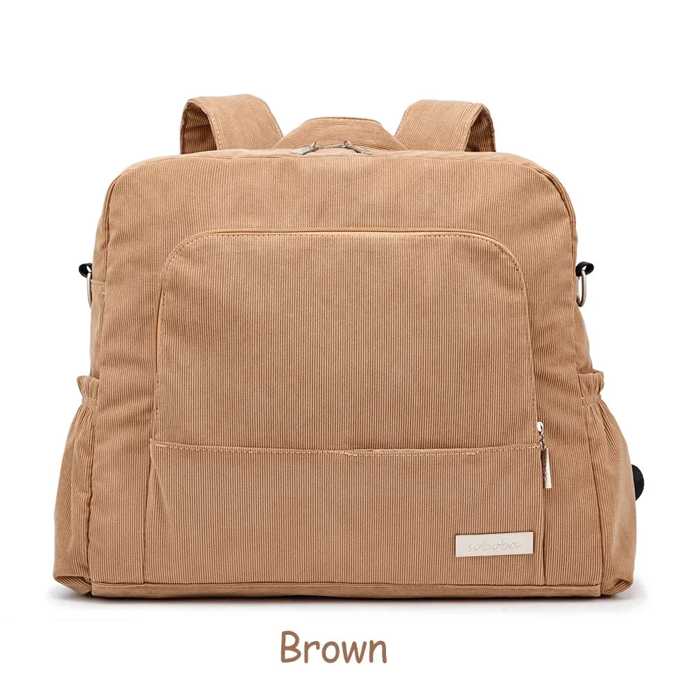 Large Corduroy Diaper Backpack for Mom – Spacious Baby Changing Bag with Multiple Pockets