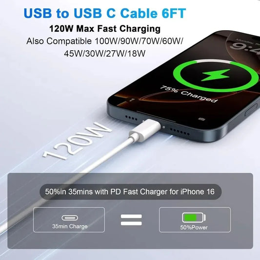 1/2/3 Pack 120W 10A USB-A to USB-C Fast Charging Cable, High-Speed Data Sync, Multiple Lengths (0.25–2 m / 9.8–78.7 in)