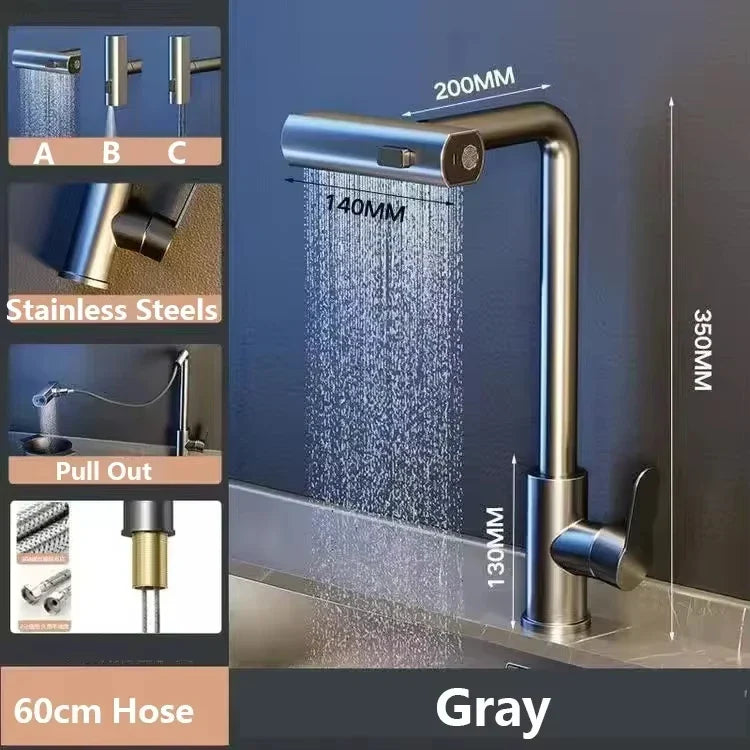 Grey/Silver Pull-Out Kitchen Faucet - Stainless Steel Deck-Mount Mixer with Retractable Spout, Single-Handle Hot & Cold, Stream/Shower Spray