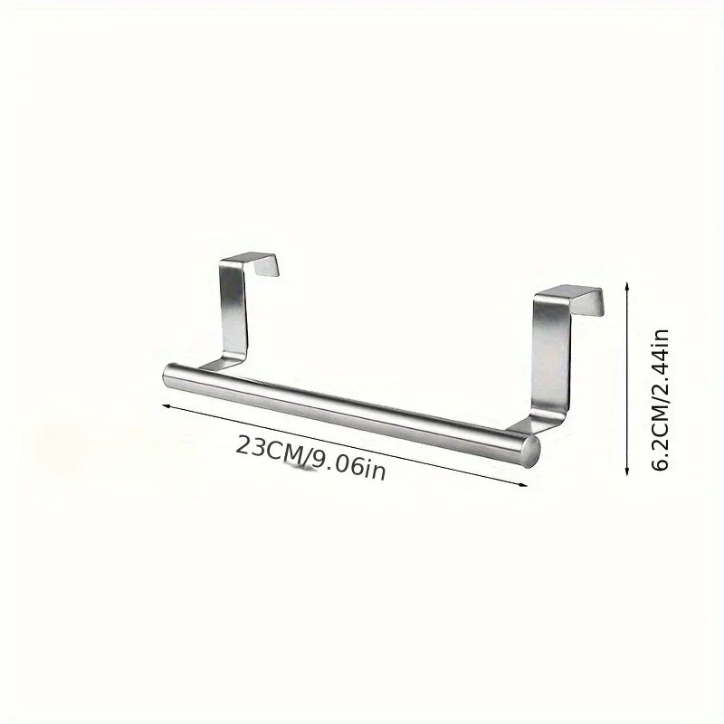 Stainless Steel Over-Door Towel Rack — Non-Drilling Hanging Towel Bar for Bathroom & Kitchen, Single Bar, 9.3/14.4 in (23.5/36.5 cm)