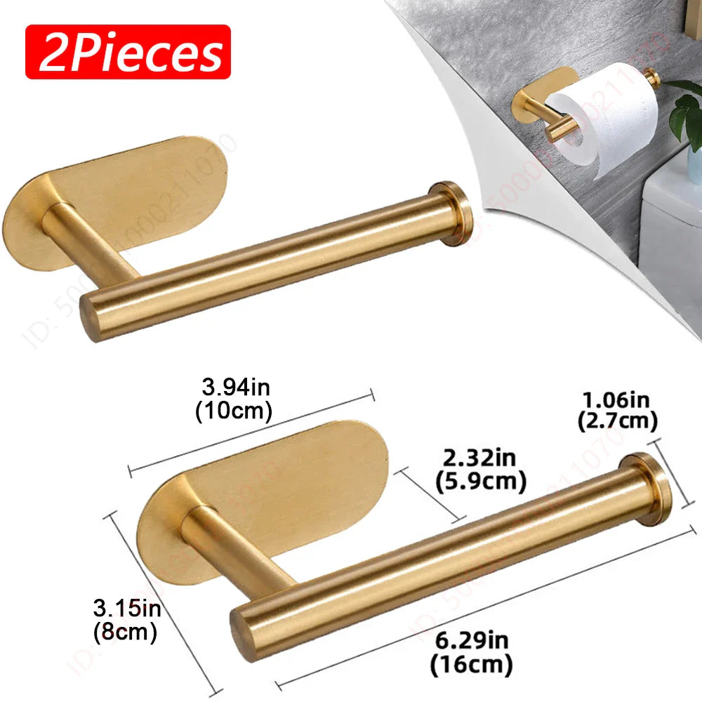 2-Pack No-Drill 304 Stainless Steel Toilet Paper Holder Adhesive Wall-Mount Paper Towel Rack for Bathroom & Kitchen