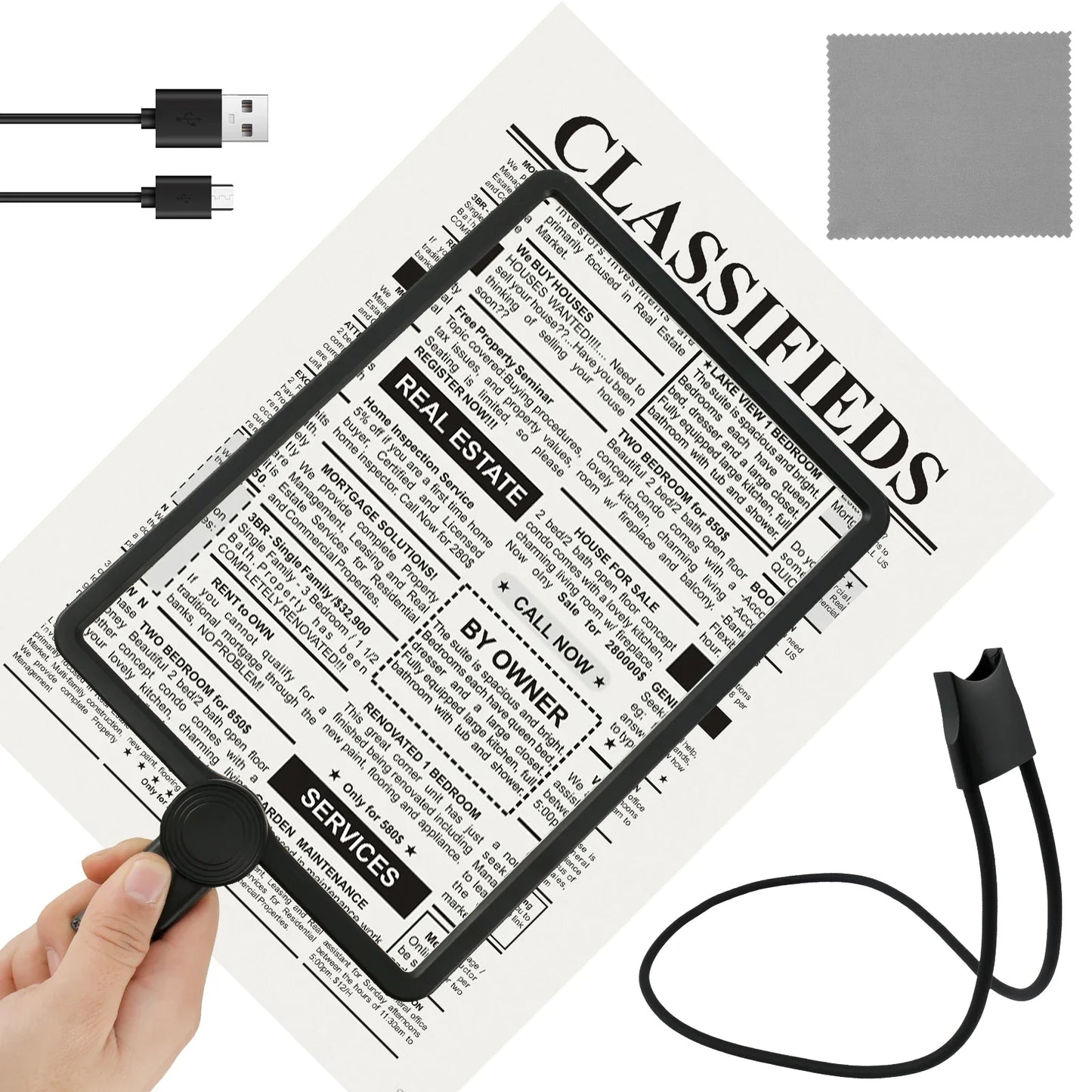 5X Hands-Free Neck Magnifier with Dimmable LED Light — 9.4 × 6.5 in (240 × 170 mm) Rechargeable 3‑in‑1 Reading Magnifying Glass