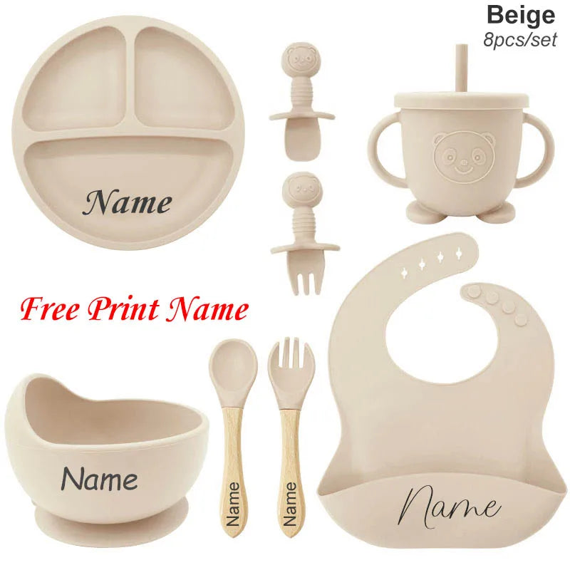 Personalized 8-Piece Baby Feeding Set Silicone Suction Plate Bowl Straw Cup Utensils Custom Name Baby Gift