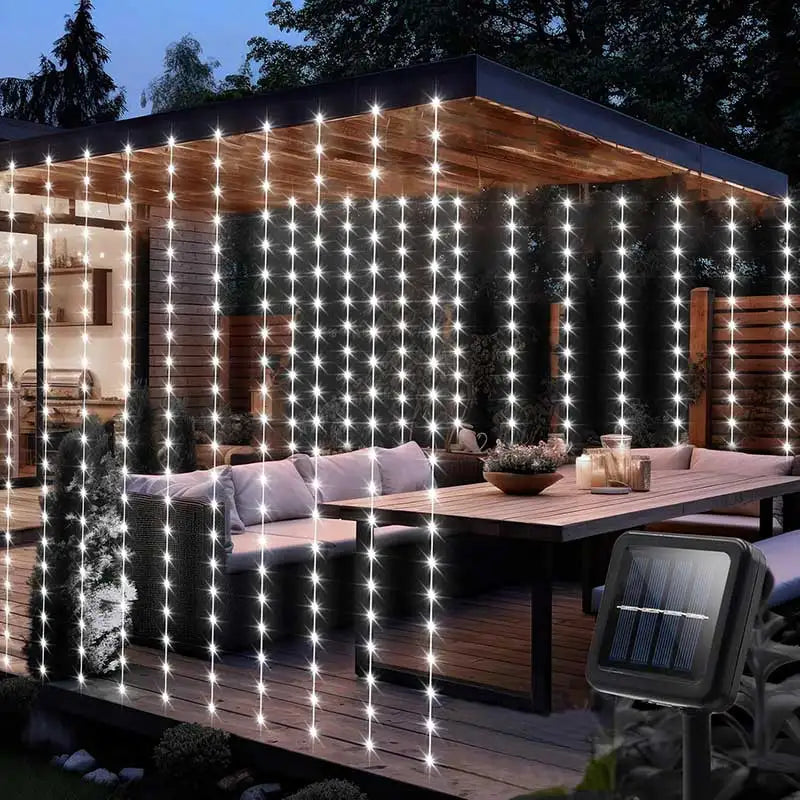 Solar-Powered Outdoor Waterproof Curtain String Lights - 300 LED Fairy Garland 9.8 x 9.8 ft (3 x 3 m) Warm White