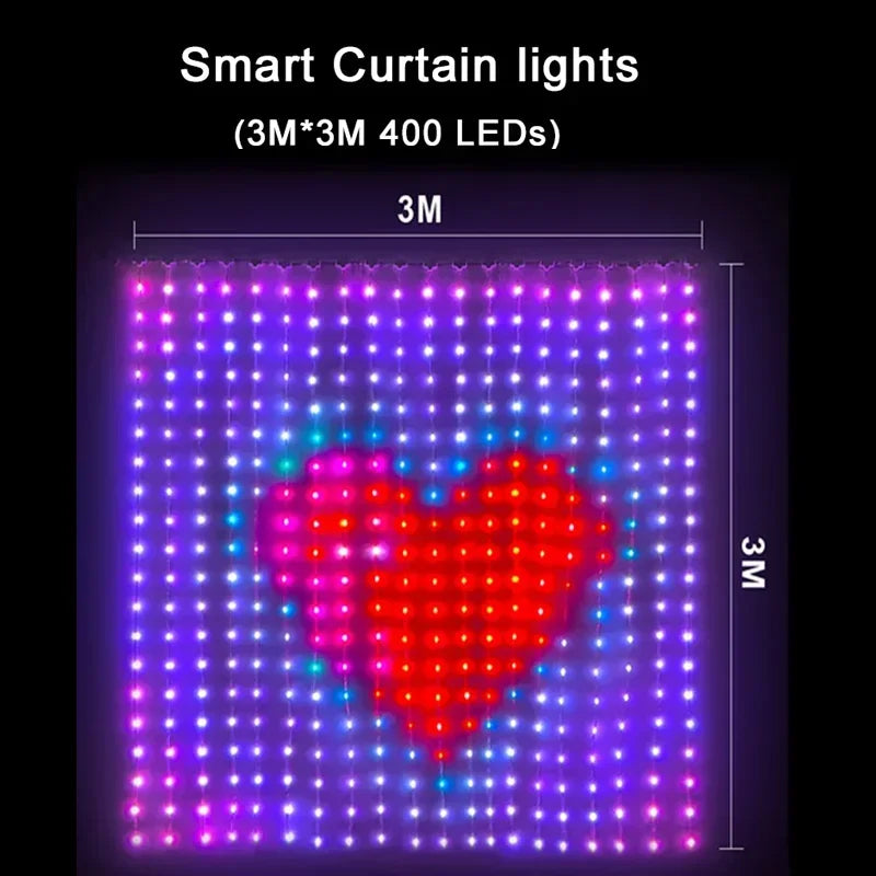 RGB LED Curtain Fairy Lights – USB App & Remote Control, Music Sync, DIY Patterns, Programmable Text (1×1m / 2×2m / 3×3m | 3.3×3.3ft / 6.6×6.6ft / 9.8×9.8ft)