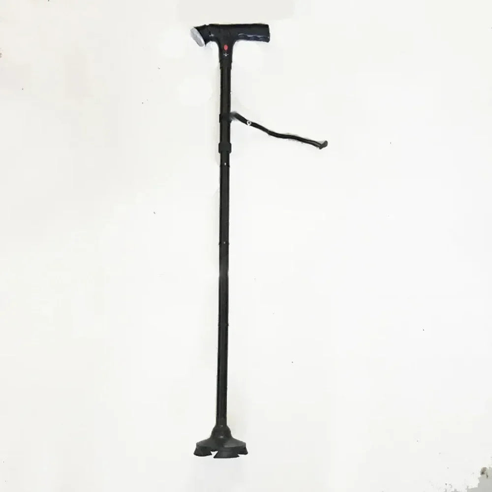 Collapsible Telescopic Walking Cane with LED Light & Alarm, Adjustable 4-Point Quad Base T-Handle for Seniors