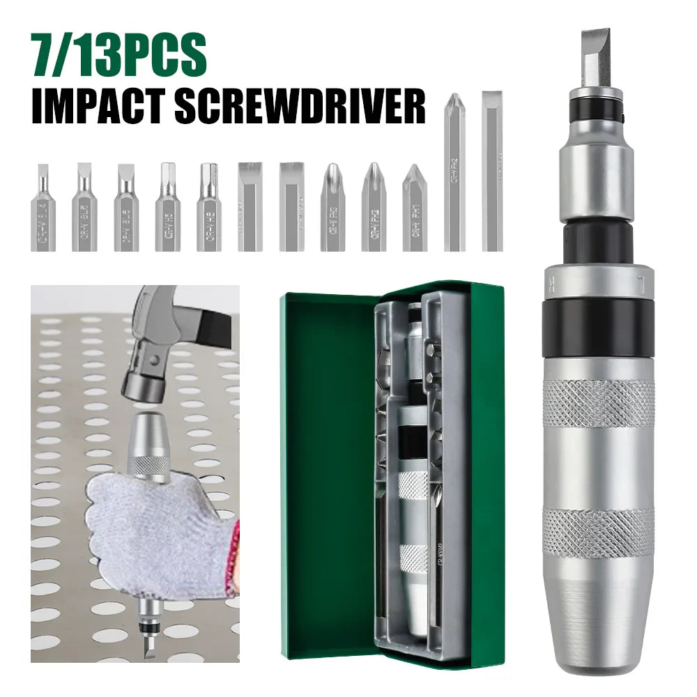 7/13-Piece CR-V Manual Impact Screwdriver Set — Portable Reversible Hand Driver with Bits for Home DIY