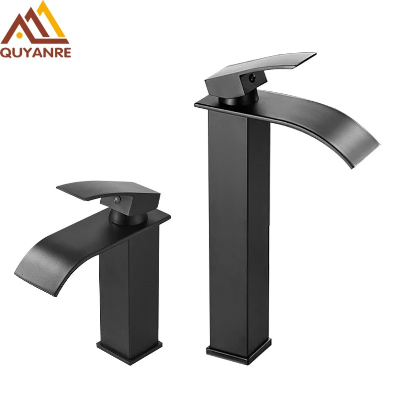 Matte Black Waterfall Basin Faucet - Single-Handle Mixer Tap for Bathroom Sink (Deck-Mounted, Hot & Cold)