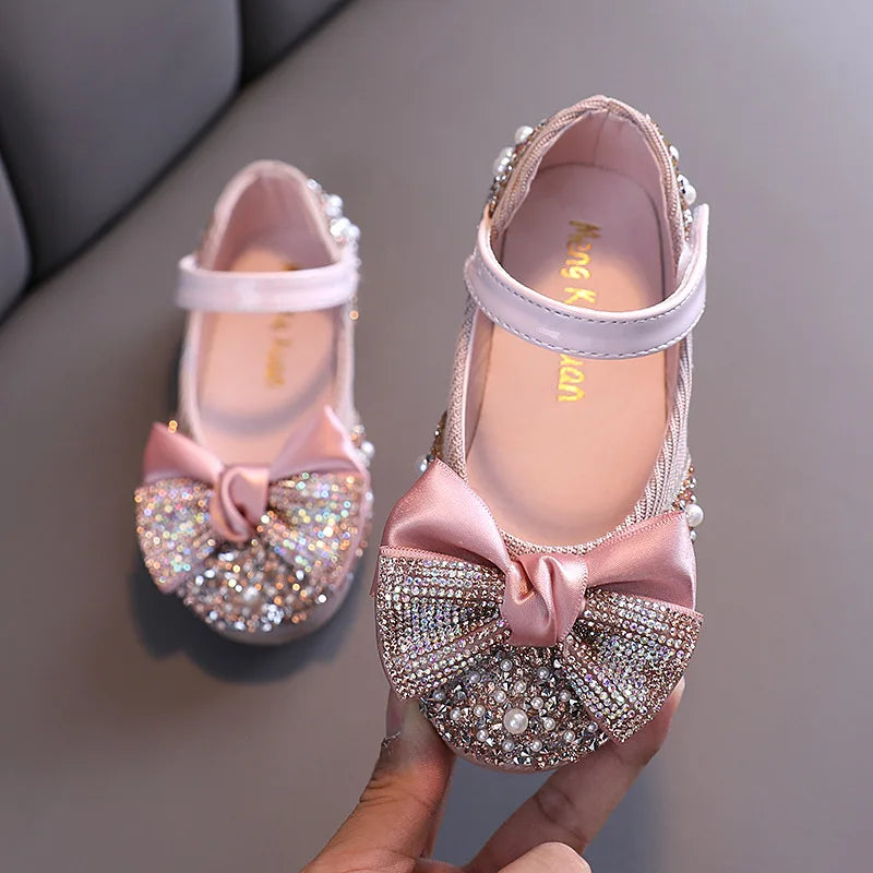 Girls Rhinestone Bow Princess Leather Party Dance Flats — Kids School Performance Shoes