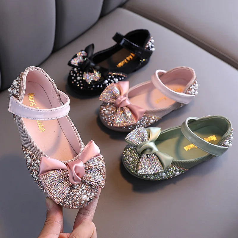 Girls Rhinestone Bow Princess Leather Party Dance Flats — Kids School Performance Shoes