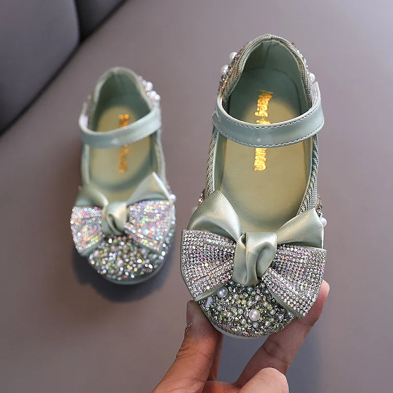 Girls Rhinestone Bow Princess Leather Party Dance Flats — Kids School Performance Shoes