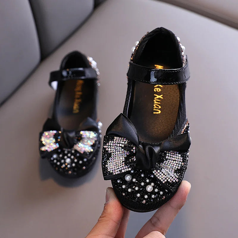 Girls Rhinestone Bow Princess Leather Party Dance Flats — Kids School Performance Shoes