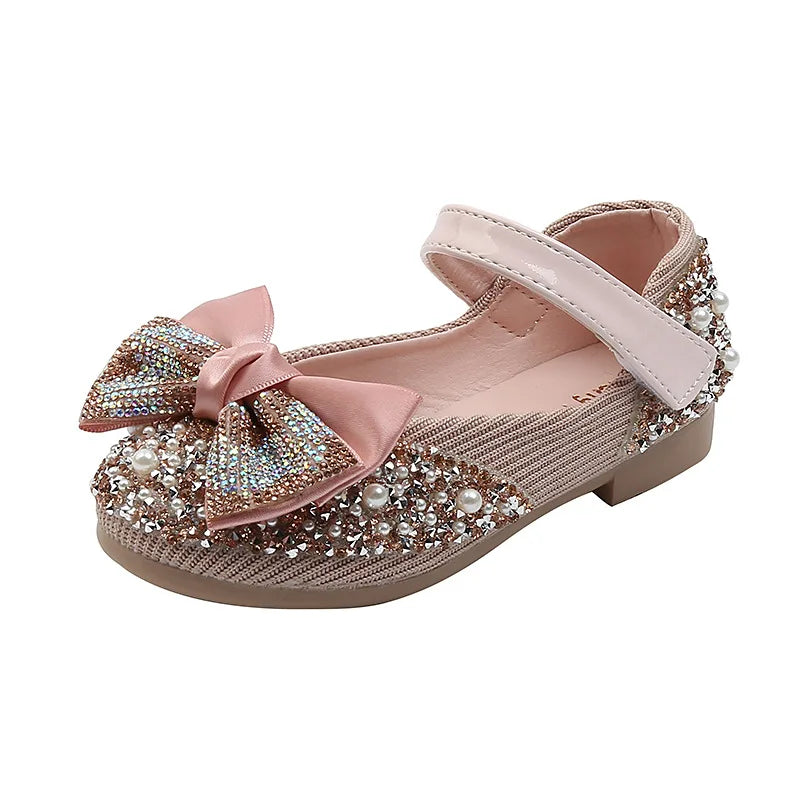 Girls Rhinestone Bow Princess Leather Party Dance Flats — Kids School Performance Shoes