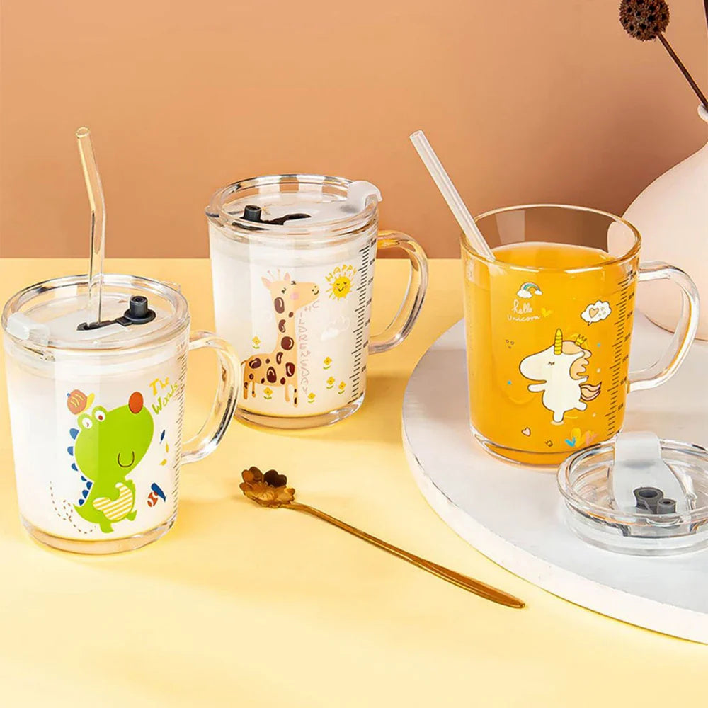 350ml Unicorn Kids Glass Cup with Lid and Straw, Transparent Milk and Breakfast Cup with Measuring Scale