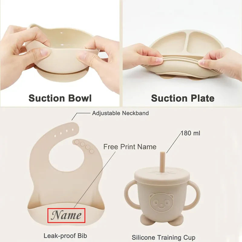 Personalized 8-Piece Baby Feeding Set Silicone Suction Plate Bowl Straw Cup Utensils Custom Name Baby Gift