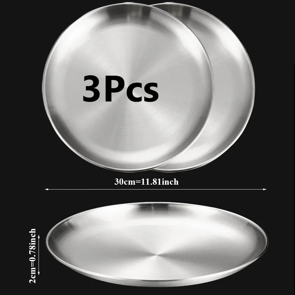 3-Piece Stainless Steel Round Shallow Plates Set – Rust-Resistant Camping, BBQ & Picnic Dishes (14–30 cm / 5.5–11.8 in)