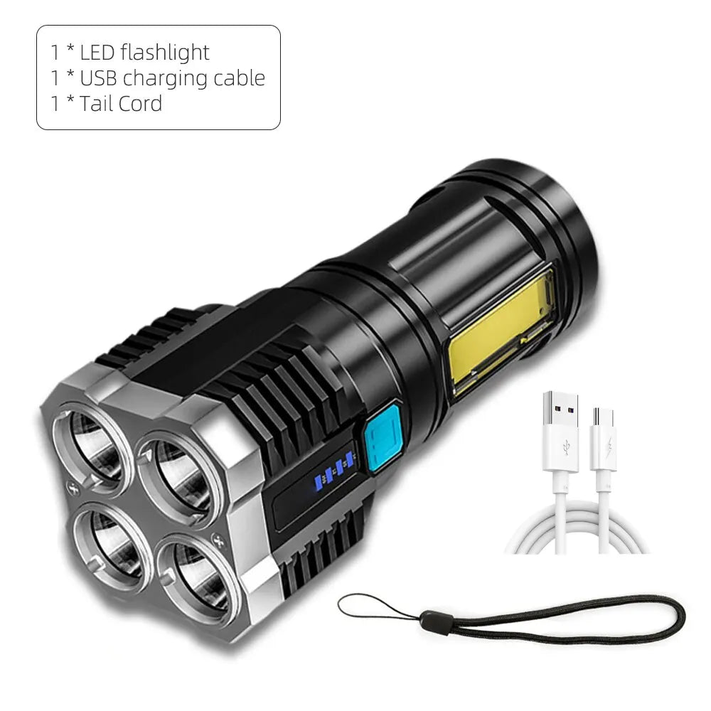 Rechargeable 1000-Lumen LED Flashlight with COB Side Light, 4 Modes, USB Charging, IP64 Waterproof for Camping & Hiking