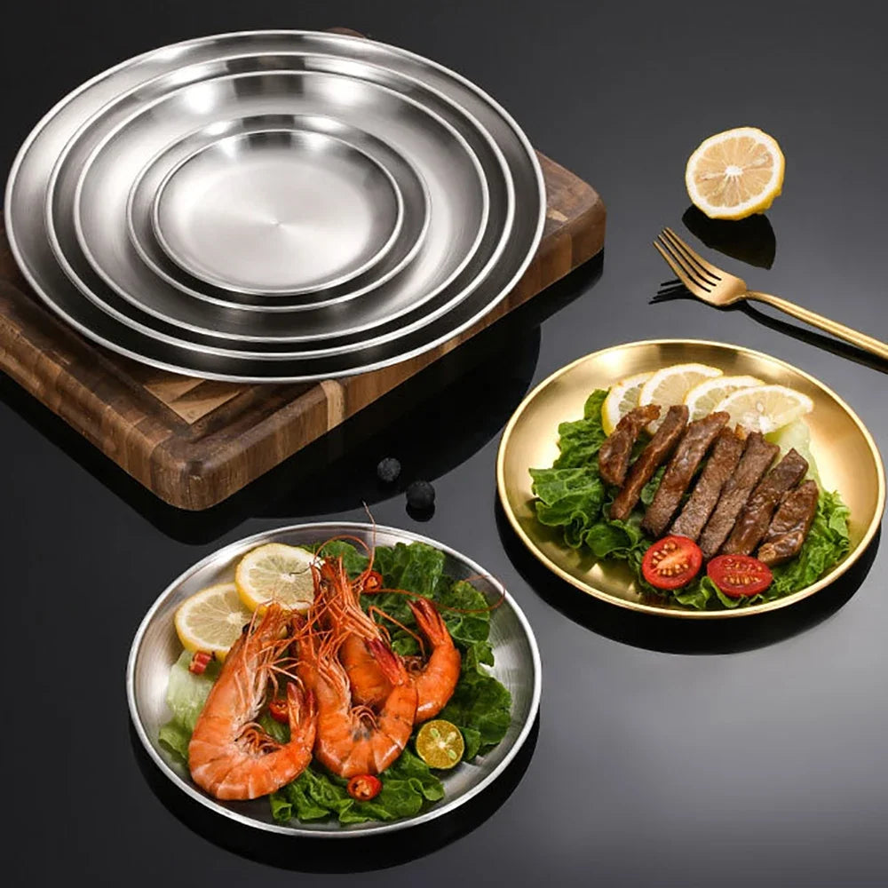 3-Piece Stainless Steel Round Shallow Plates Set – Rust-Resistant Camping, BBQ & Picnic Dishes (14–30 cm / 5.5–11.8 in)