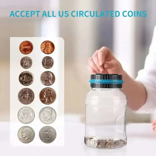 1.8L (61 fl oz) Transparent Coin Bank with Smart Coin Counter – Large Capacity Money Jar for USD EUR GBP