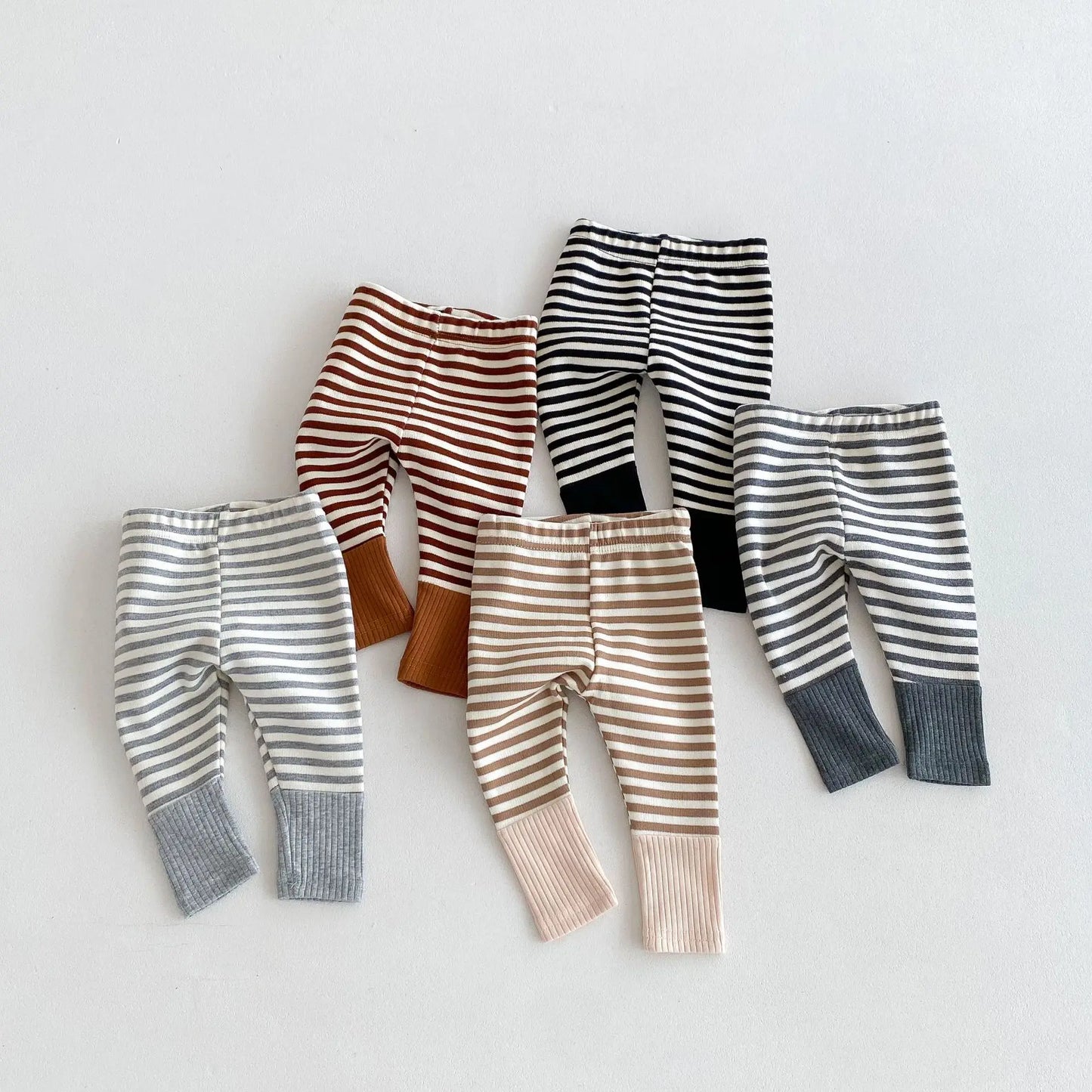 Cotton Patchwork Baby Leggings – Candy Color Striped Pants for Infants 12–36 Months, Unisex Elastic Waist