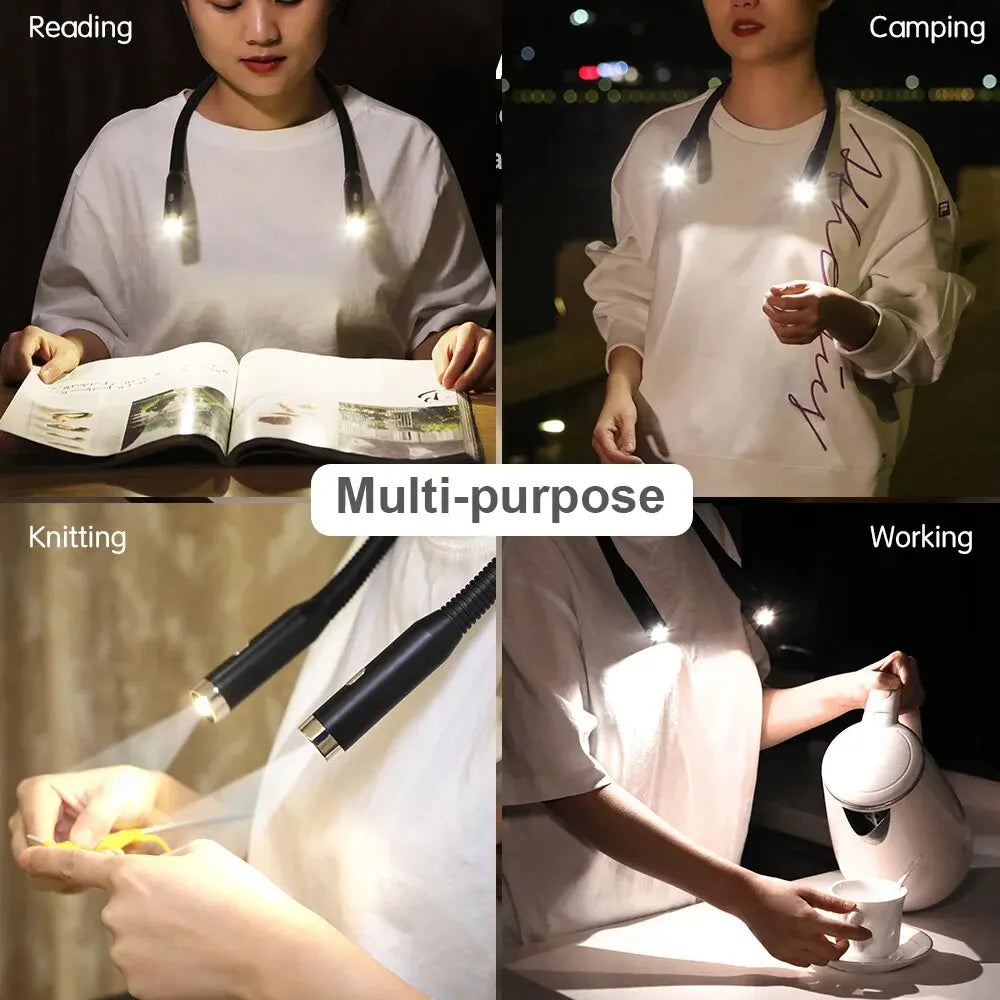 Hands-Free Neck Reading Light USB Rechargeable Flexible LED Book Light 3-Color 3-Brightness Portable for Reading Knitting Camping