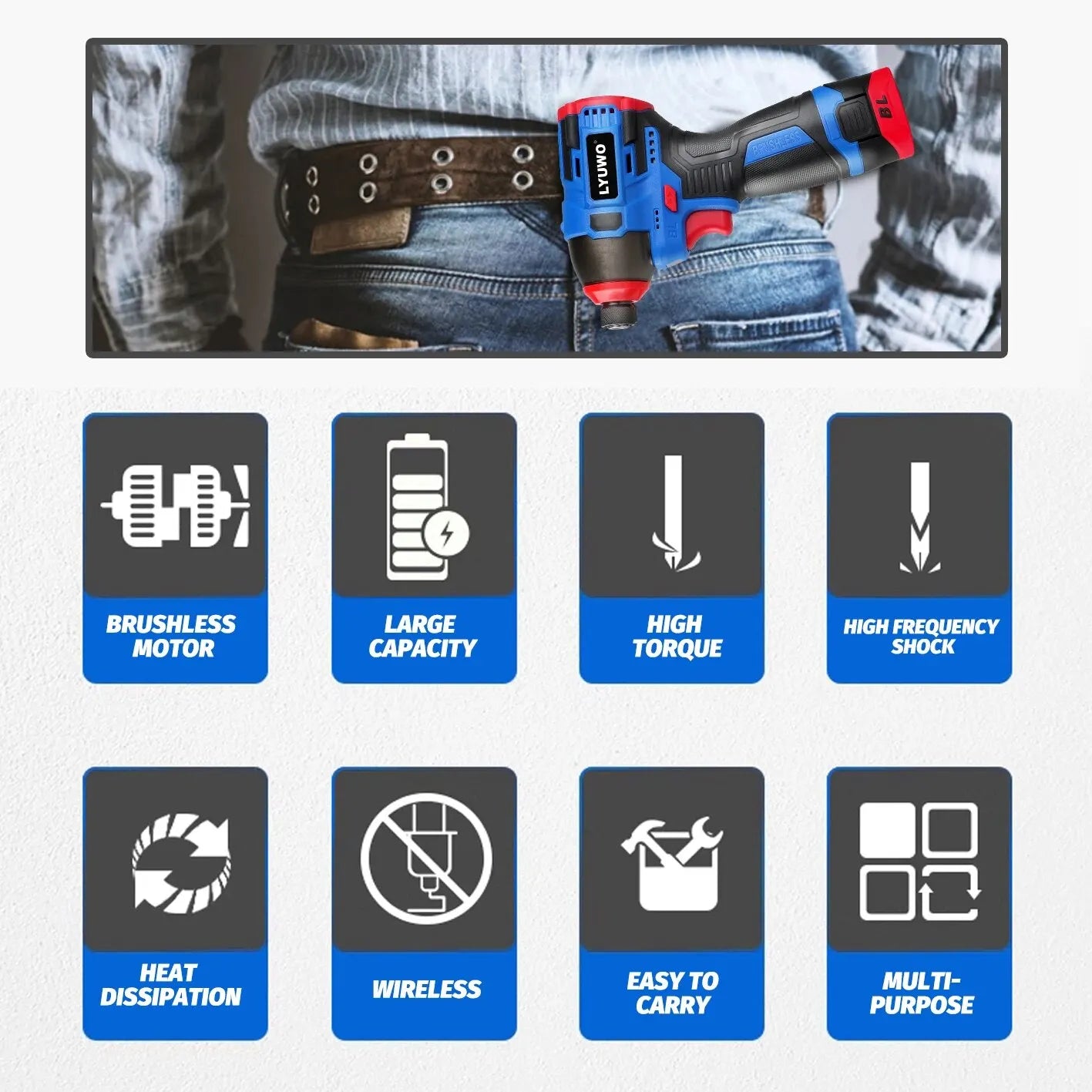 Brushless 16.8V Cordless Electric Screwdriver, 160 Nm Torque Impact Drill, Multi-Function