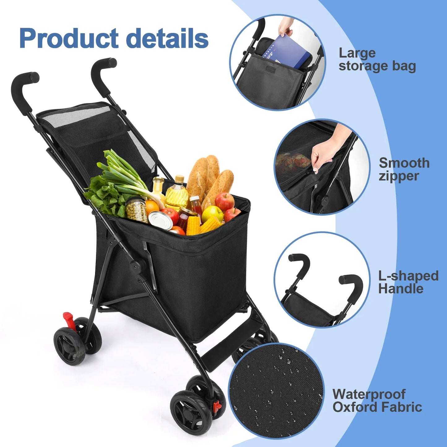 Folding Multi-Use Shopping Cart & Pet Stroller – Lightweight Portable Foldable Trolley for Market and Picnic