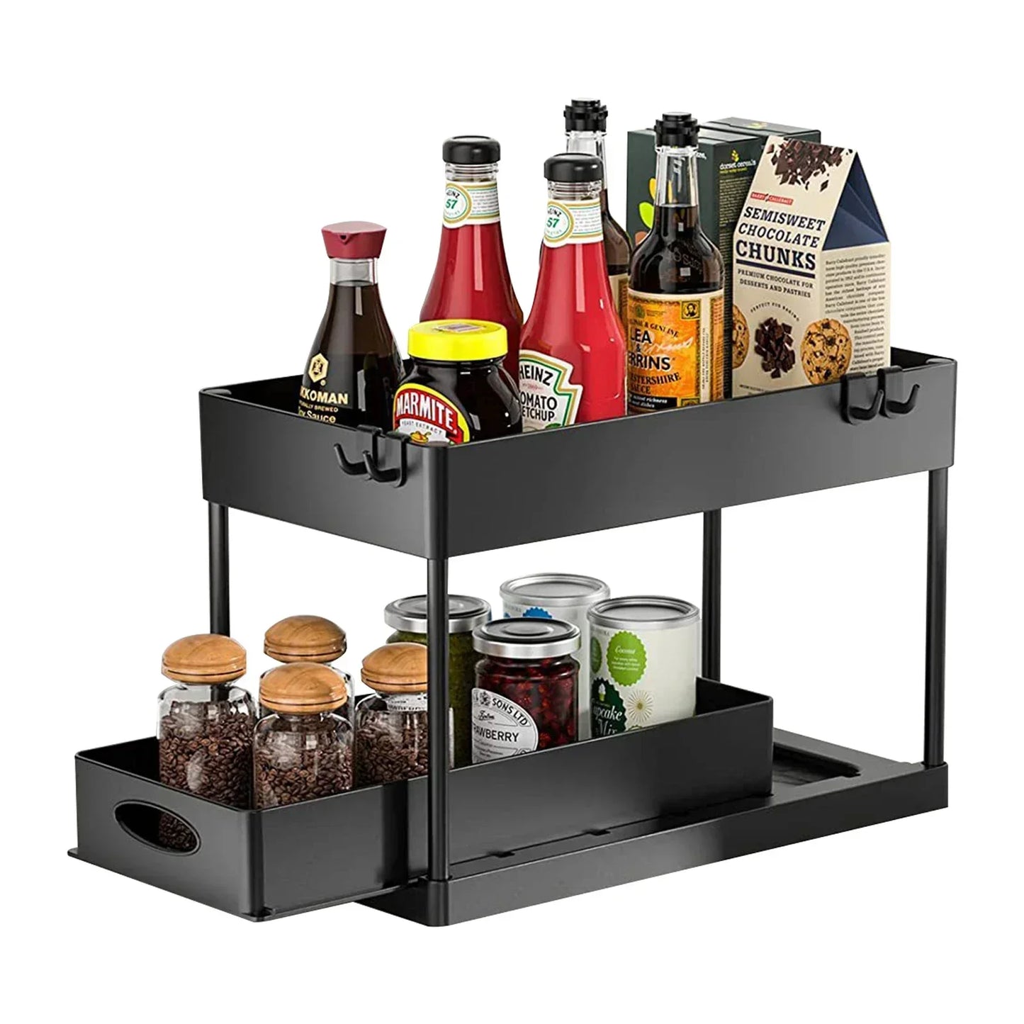 2-Tier Under-Sink Sliding Cabinet Organizer with Hooks and Hanging Cup - Bathroom & Kitchen Storage Rack
