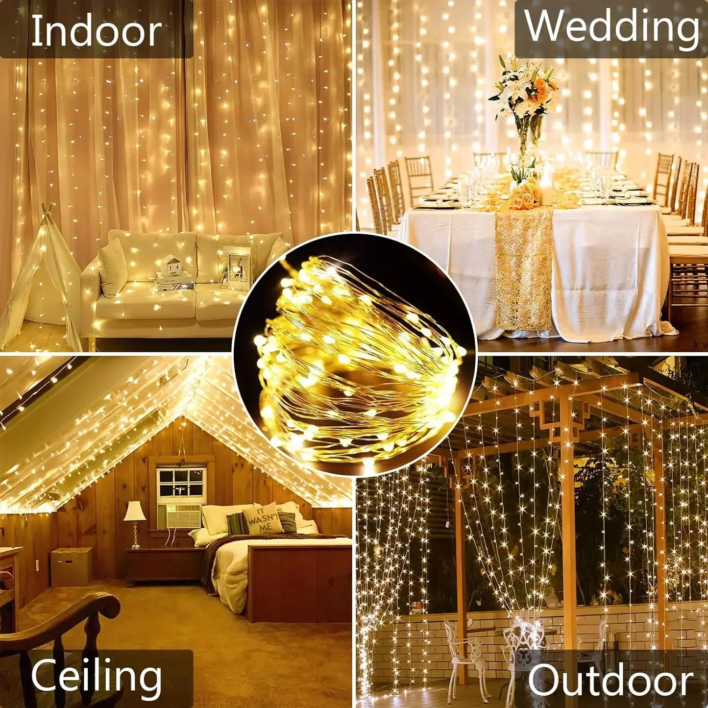 Solar-Powered Outdoor Waterproof Curtain String Lights - 300 LED Fairy Garland 9.8 x 9.8 ft (3 x 3 m) Warm White