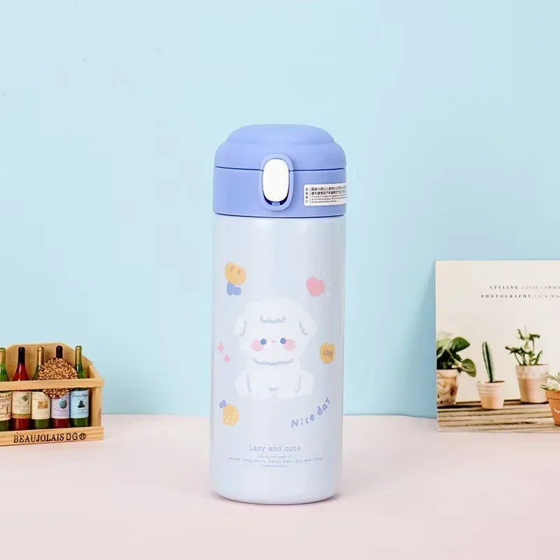 380ml Cute Cartoon Vacuum Flask - 304 Stainless Steel Insulated Water Bottle with Straw