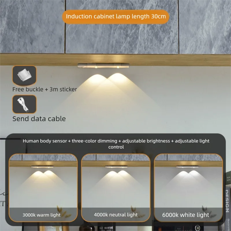 Ultra Thin Motion Sensor LED Cabinet Light - Dimmable USB Rechargeable, 3 Color Modes for Kitchen Wardrobe Bedroom Stairs