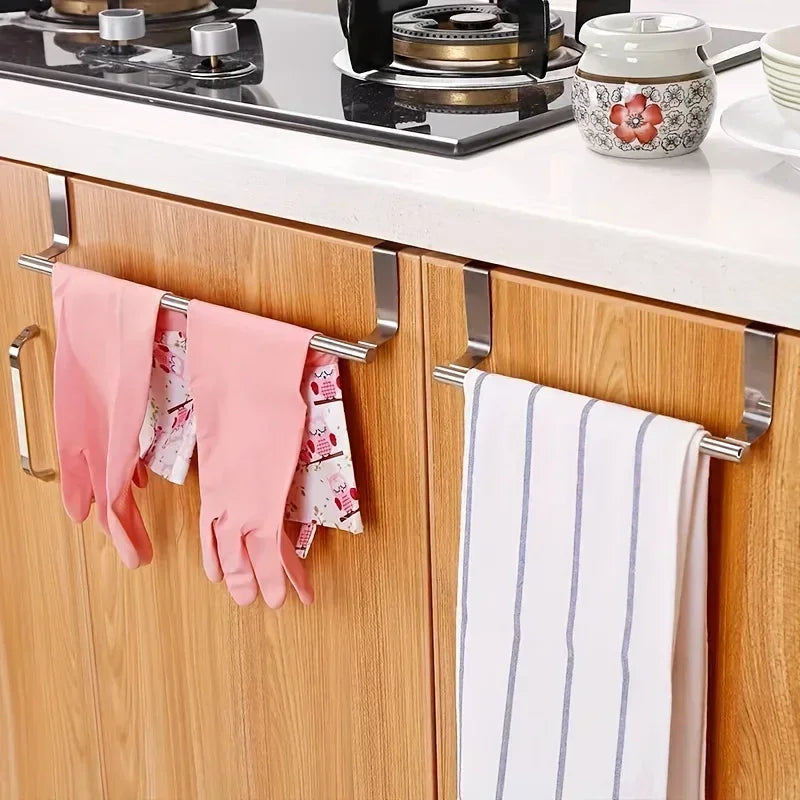 Stainless Steel Over-Door Towel Rack — Non-Drilling Hanging Towel Bar for Bathroom & Kitchen, Single Bar, 9.3/14.4 in (23.5/36.5 cm)