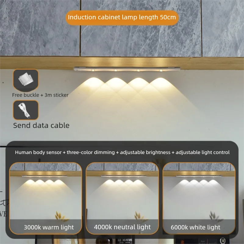 Ultra Thin Motion Sensor LED Cabinet Light - Dimmable USB Rechargeable, 3 Color Modes for Kitchen Wardrobe Bedroom Stairs