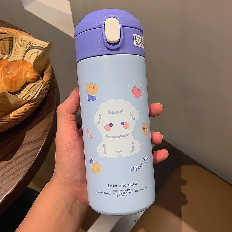380ml Cute Cartoon Vacuum Flask - 304 Stainless Steel Insulated Water Bottle with Straw