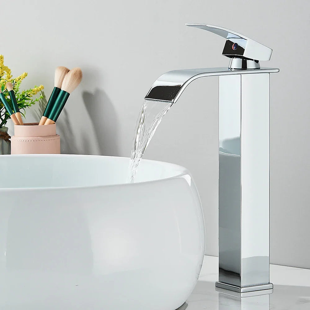 Matte Black Waterfall Basin Faucet - Single-Handle Mixer Tap for Bathroom Sink (Deck-Mounted, Hot & Cold)