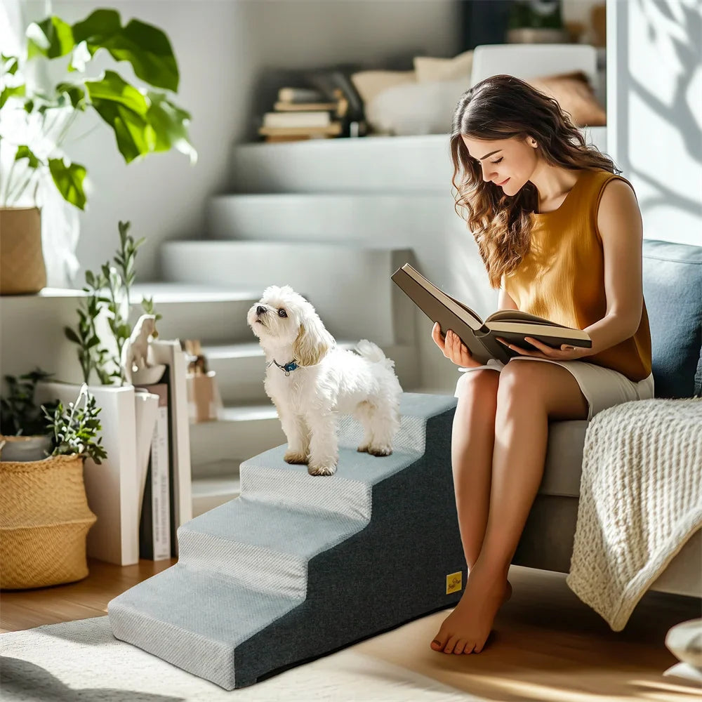 Pet Stairs Ramp 3 & 4-Step — High-Density Foam Dog & Cat Ramp, Removable Washable Cover, Non-Slip Sofa Stairs