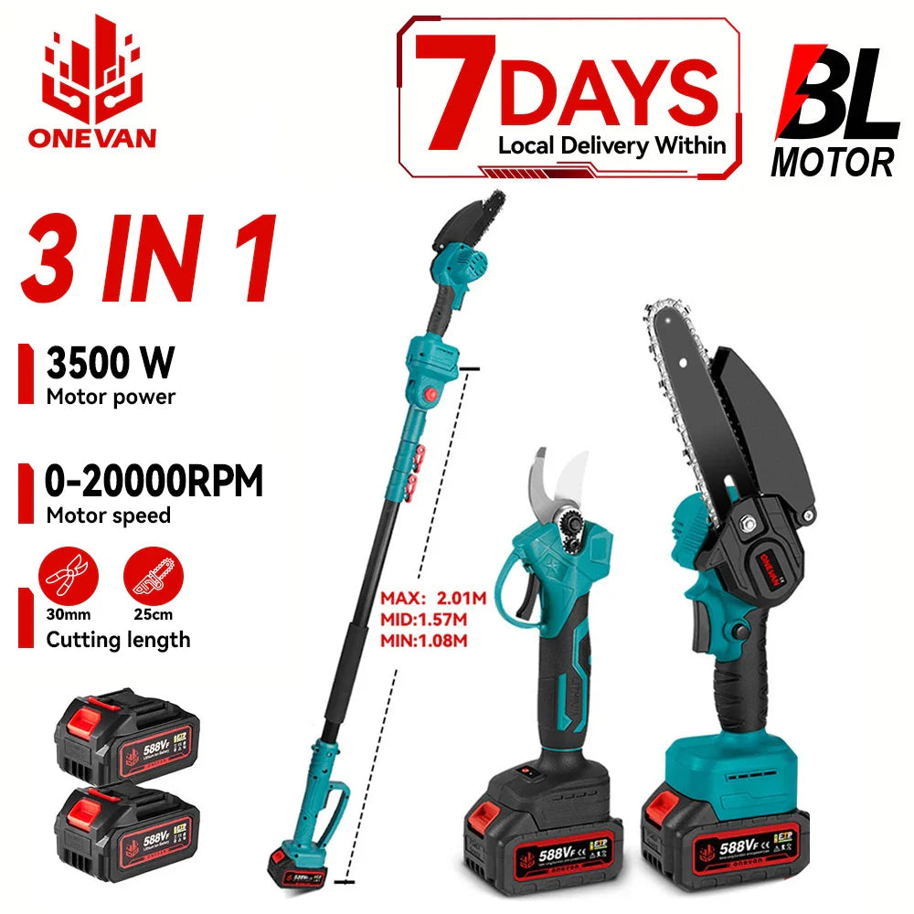 2-in-1 Brushless Pole Chainsaw & Pruning Shears — 6 in (150 mm) Guide Bar, 3500W Cordless Telescoping Pole Saw, 18–21V