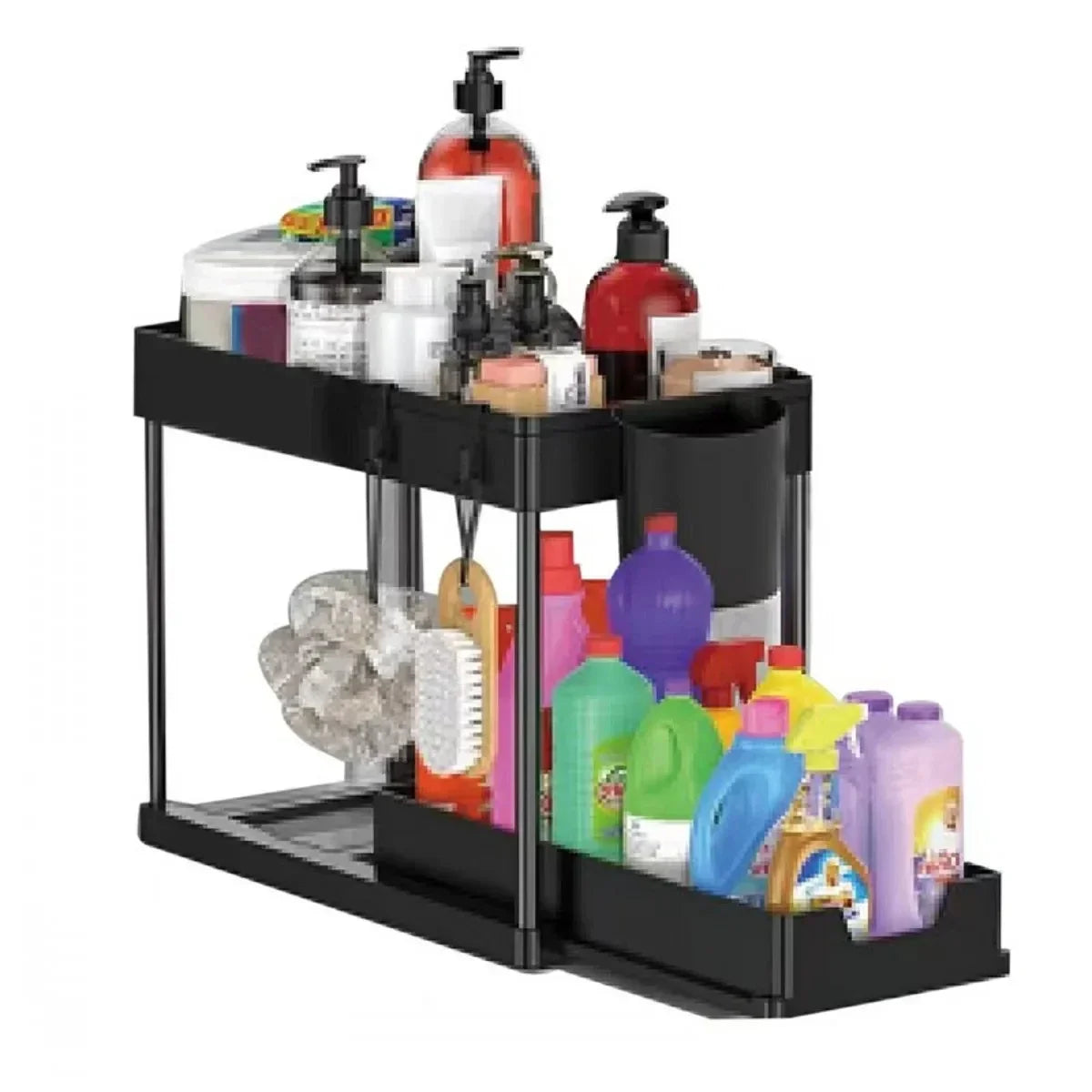 2-Tier Under-Sink Sliding Cabinet Organizer with Hooks and Hanging Cup - Bathroom & Kitchen Storage Rack
