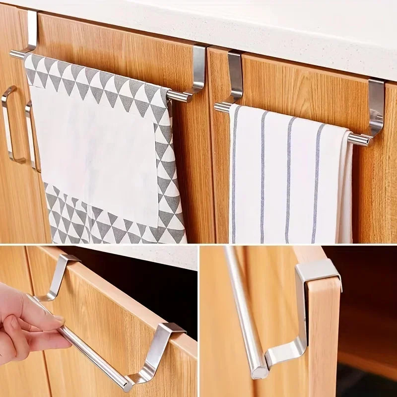 Stainless Steel Over-Door Towel Rack — Non-Drilling Hanging Towel Bar for Bathroom & Kitchen, Single Bar, 9.3/14.4 in (23.5/36.5 cm)
