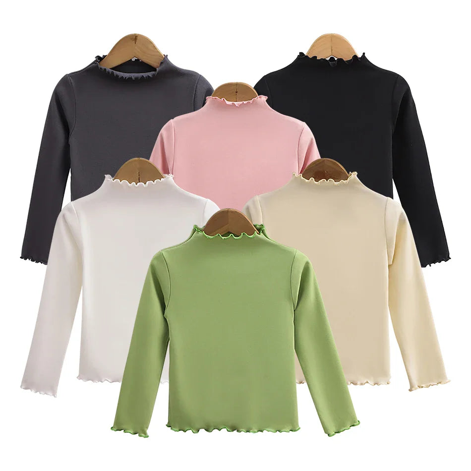 Girls Turtleneck Long Sleeve Lettuce-Edge Knit Tee – Solid Color Autumn Winter Top