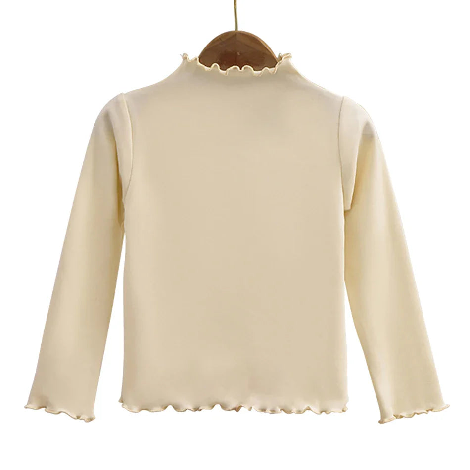 Girls Turtleneck Long Sleeve Lettuce-Edge Knit Tee – Solid Color Autumn Winter Top
