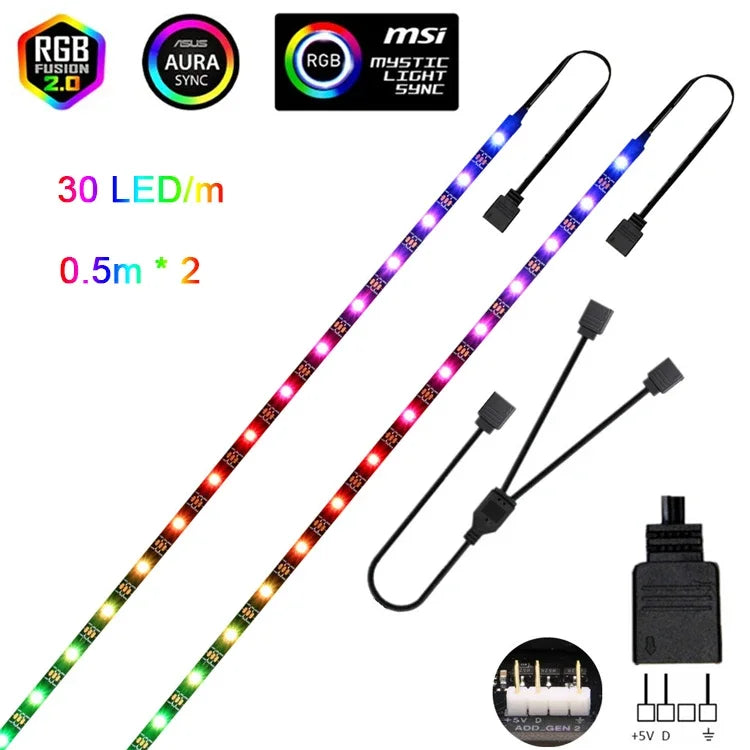 Addressable WS2812b 5V ARGB LED Strip – 3-Pin RGBIC PC Case Light (30/60 LEDs per m, IP30/IP65)