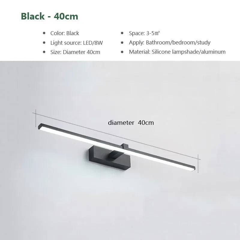 LED Bathroom Mirror Wall Light - Waterproof Modern Flat Touch Vanity Lamp, White/Black