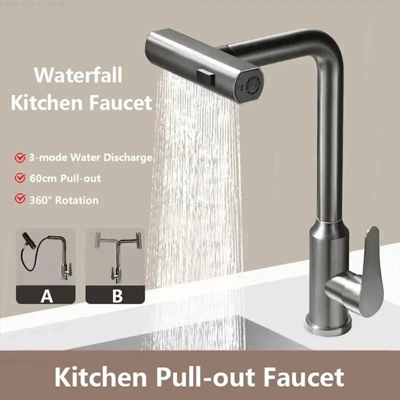 Grey/Silver Pull-Out Kitchen Faucet - Stainless Steel Deck-Mount Mixer with Retractable Spout, Single-Handle Hot & Cold, Stream/Shower Spray