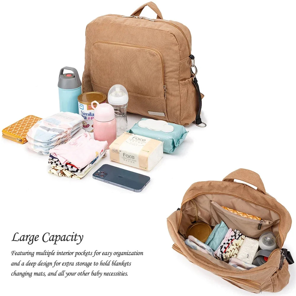 Large Corduroy Diaper Backpack for Mom – Spacious Baby Changing Bag with Multiple Pockets