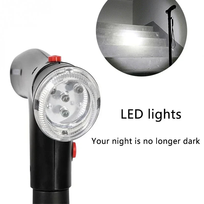 Collapsible Telescopic Walking Cane with LED Light & Alarm, Adjustable 4-Point Quad Base T-Handle for Seniors