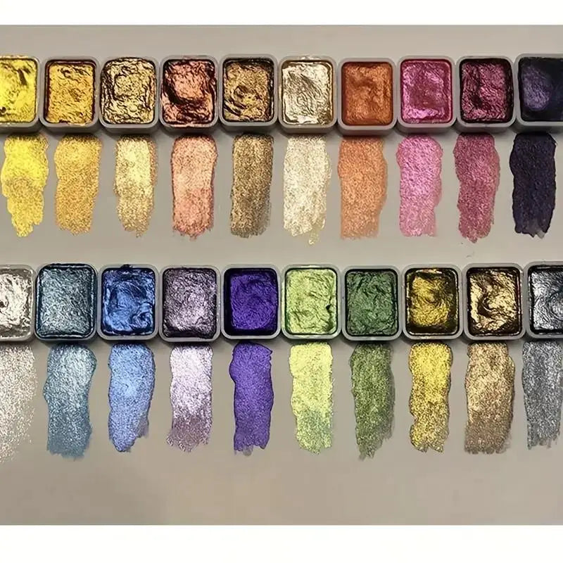 20-Color Metallic Watercolor Set - Portable Metal Tin with Shimmer Pearl Solid Paints and Art Supplies